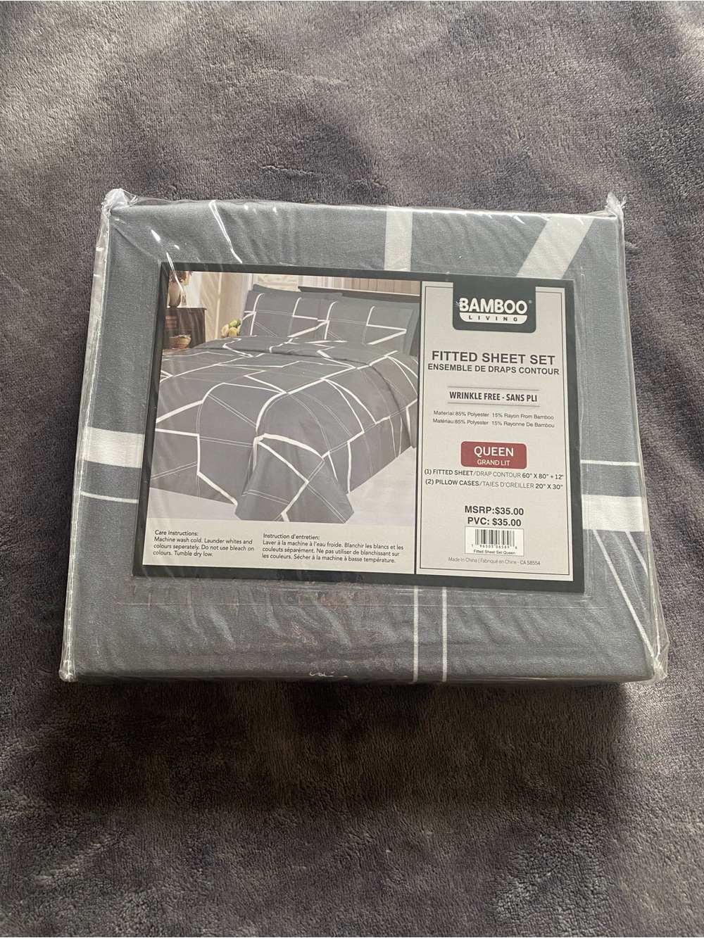 BAMBOO Queen Fitted Sheet Set - Gray with White Grid